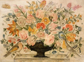 Een urn met bloemen op een richel met twee vogels, 1600